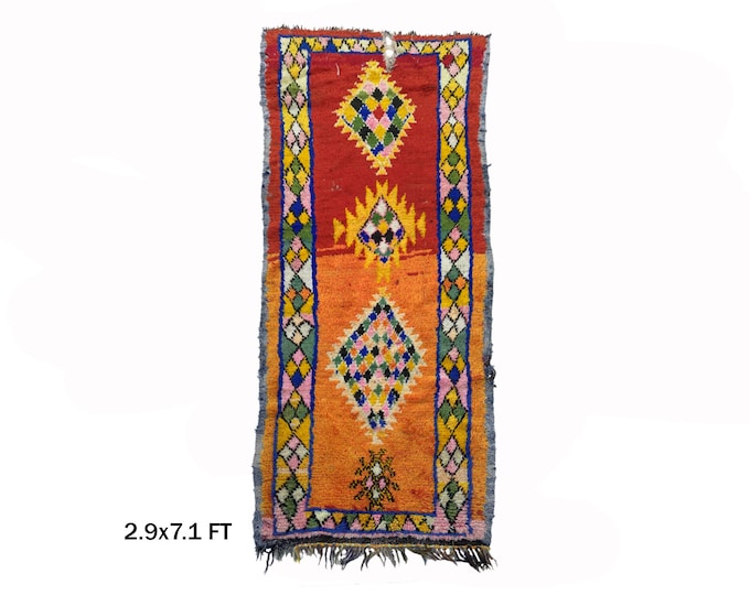 Vintage Moroccan Runner Rug 3x7, Colorful Bohemian Home Decor.