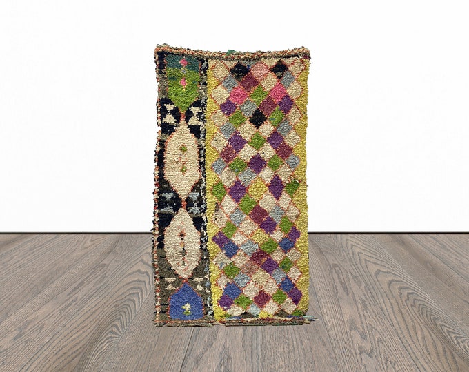 Boucherouite moroccan rug, 4x7 feet berber woven rug, vintage area rug, tribal floor rug.
