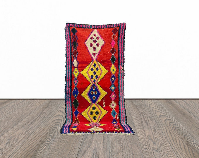 Moroccan red rug, 3x9 feet vintage area rug, tribal woven rug, unique azilal rug, indoor red rug.