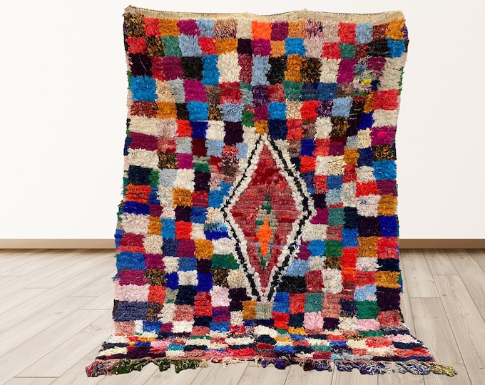 Boucherouite Vintage Moroccan Tribal Azilal 5x7 feet shag Rug.