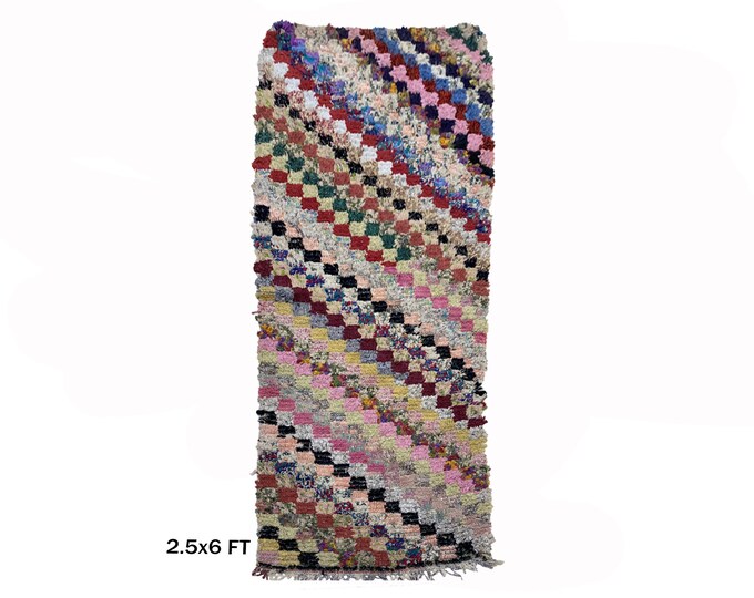 Woven Boucherouite Moroccan Runner Rug 3x6, Vintage Rug for Home Decor.