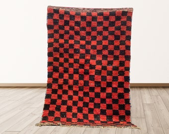 Vintage Moroccan Azilal Rug: Red & Black Checkered Berber Runner (4x6 ft)