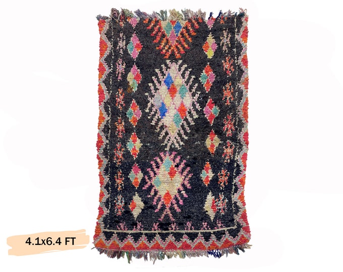 4x6 Boucherouite Moroccan Runner Rug, Unique Boho Rug.