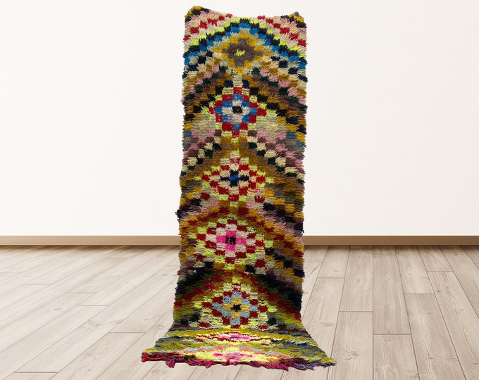 Berber Colorful Checkered Vintage Azilal Moroccan 3x8 feet Rug, Berber Moroccan vintage rugs