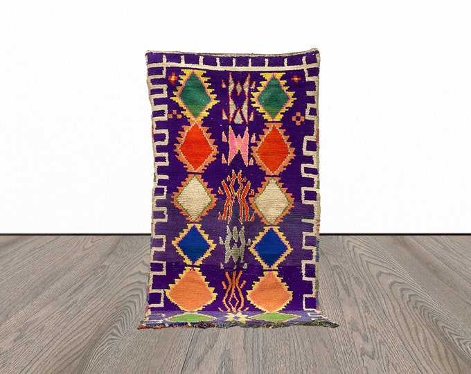 Purple moroccan rug, 4x7 feet vintage area rug, unique berber rug, azilal woven rug.