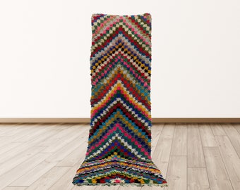 Colorful Checkered Vintage Azilal Rug: 3x10 ft Moroccan Berber