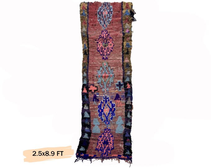 3x9 Moroccan Colorful Runner Rug, Vintage Unique Rug.