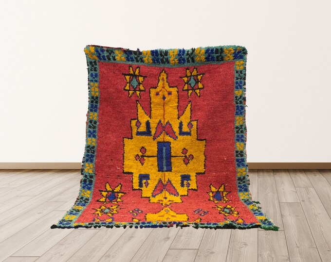 4x5 ft Boujad Colorful Vintage Moroccan Berber rug.