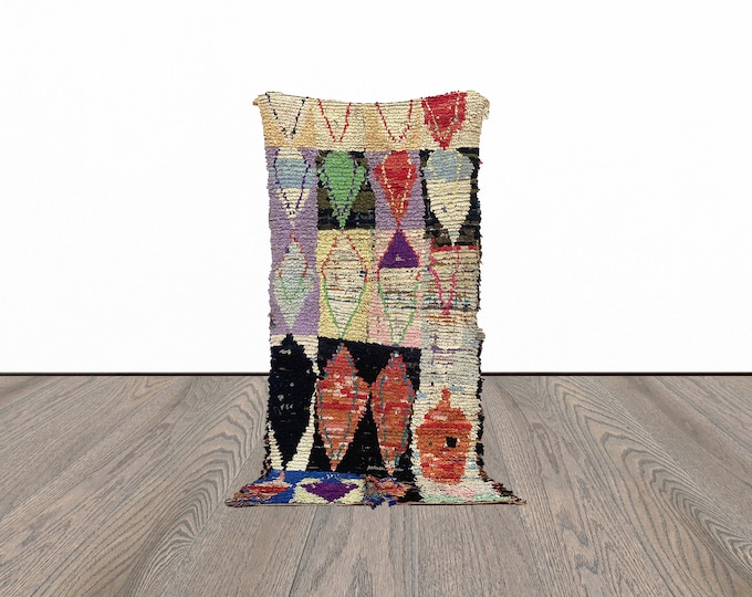 Boucherouite moroccan area rug, 3x9 feet tribal azilal rug, berber woven rug, vintage unique rug.