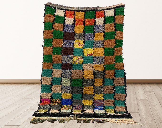 Boucherouite colorful 3x4 feet Moroccan Vintage Tribal Azilal Berber Rug.