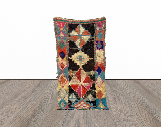 Vintage boucherouite rug, 3x6 feet moroccan area rug, berber woven rug, unique tribal rug.