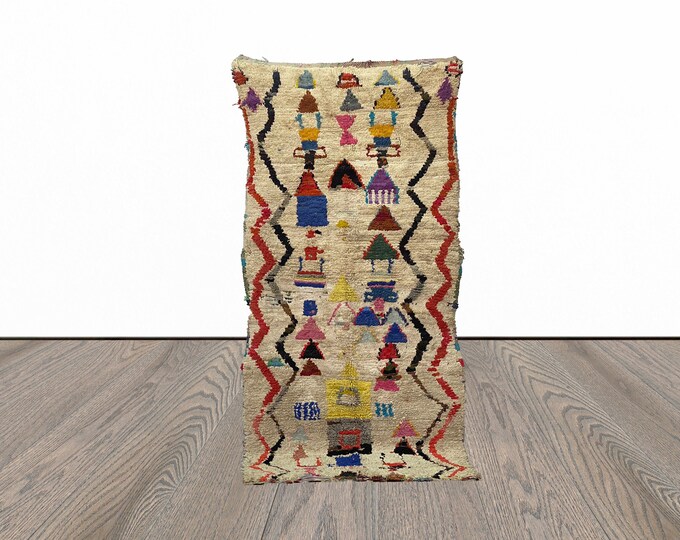 Colorful boucherouite rug, 3x7 feet moroccan area rug, tribal woven rug, azilal berber rug.