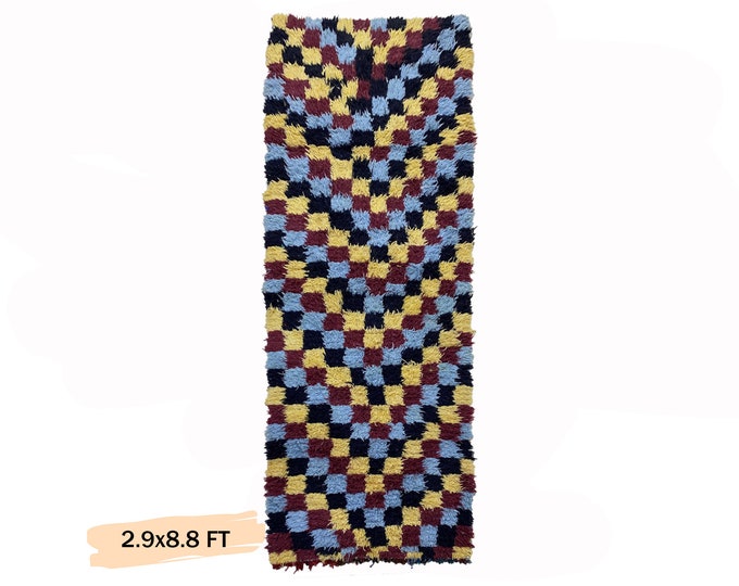 Checkered Moroccan Vintage Runner Rug 3x9.