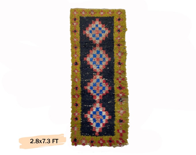 Vintage Moroccan Berber Runner Rug 3x7- Authentic Tribal Style.