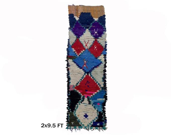 Moroccan Vintage Rug Runner 2x10: Colorful Unique Hallway Decor.