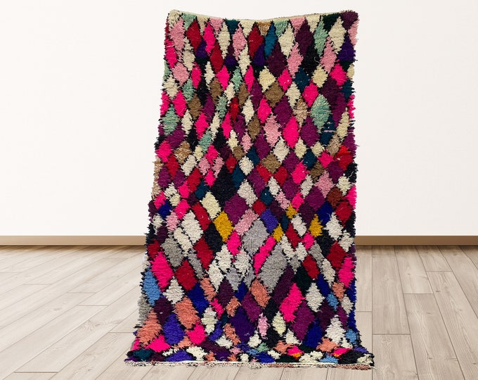 4x7 feet Moroccan colorful Berber runner rug, Tribal Wool Vintage rugs.