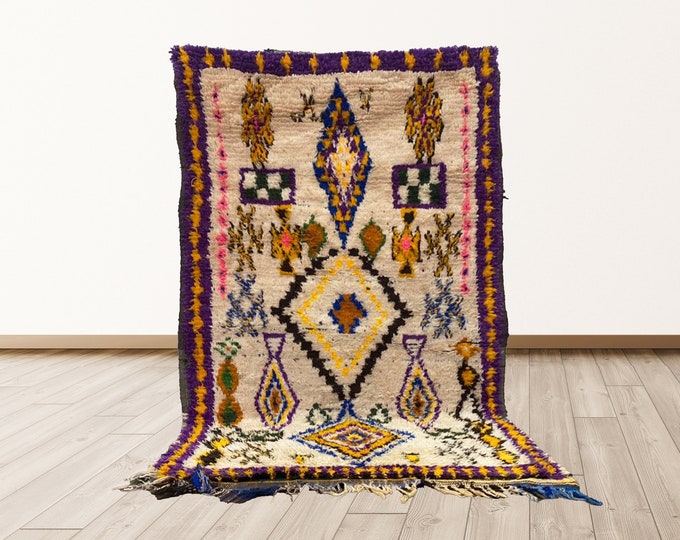 Colorful Berber morrocan vintage area rug, 4x6 feet Azilal Moroccan Vintage Rug, Moroccan Berber Vintage Rug.