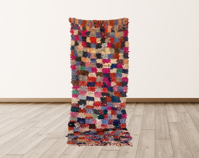 3x8 ft narrow checkered runner, Moroccan colorful runner.