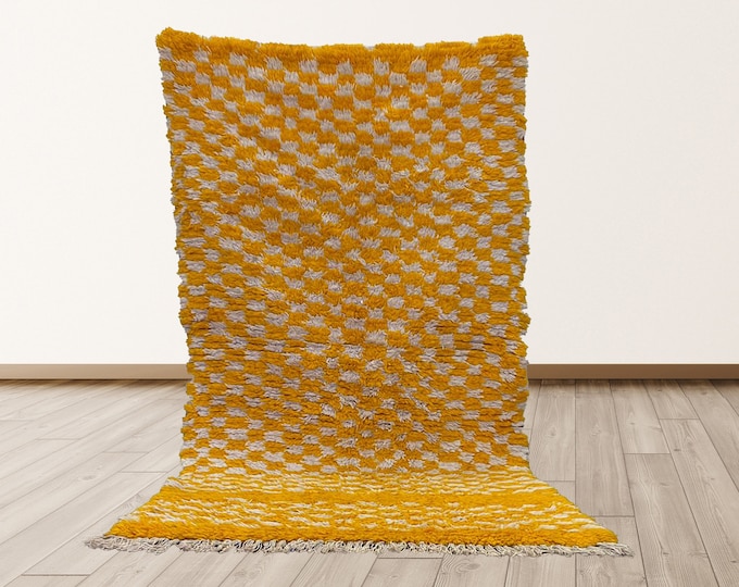 Yellow and White 3x6 feet Vintage Morrocan Tribal Azilal Berber Rug.