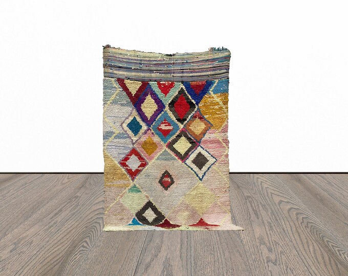 Boucherouite vintage rug, 4x7 feet moroccan area rug, tribal woven rug, colorful berber rug.