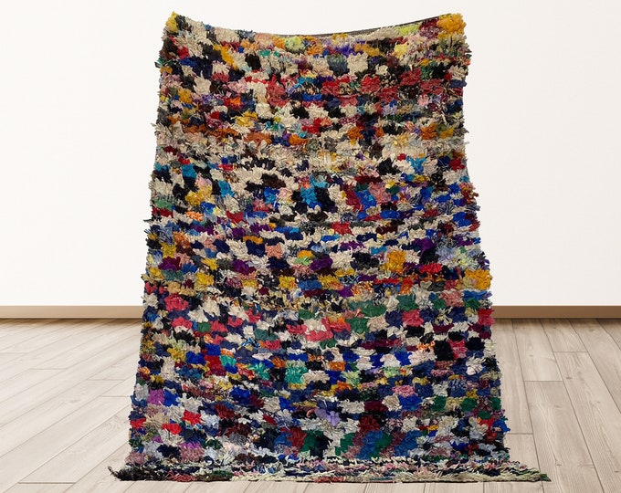 4x6 feet Berber Boucherouite colorful Vintage Moroccan Tribal Azilal shag Rug.