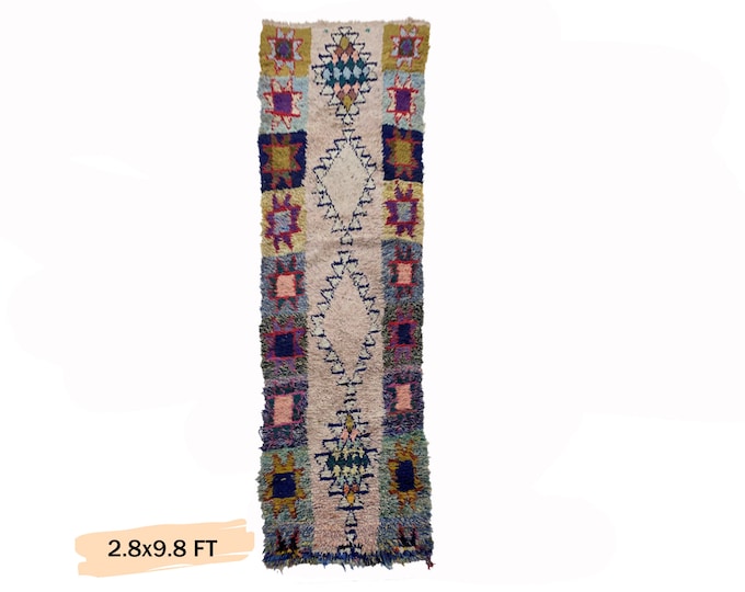 Moroccan Runner Rug 3x10, Vintage Colorful Unique Rug.