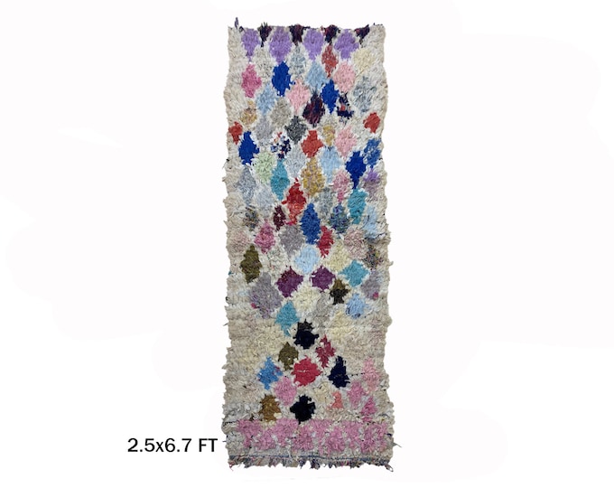 Boucherouite Moroccan Runner Rug 3x7: Vintage Diamond Decor.