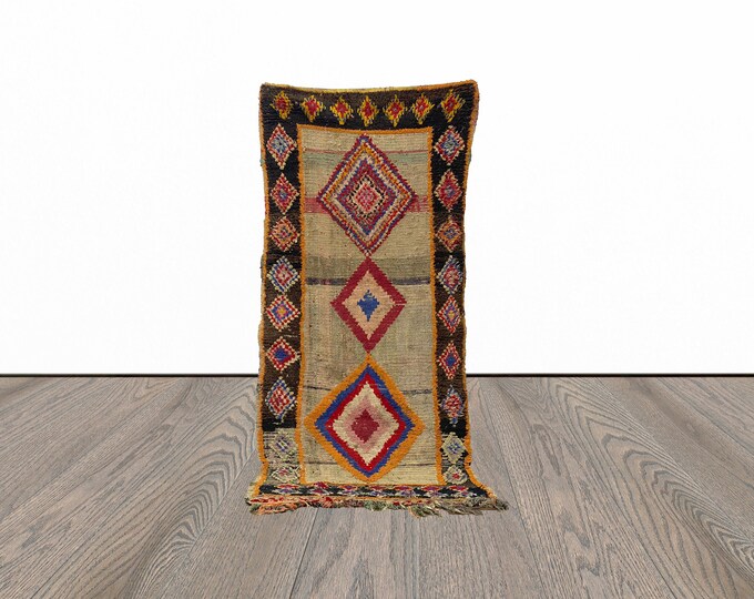 Vintage small runner rug, 3x8 feet moroccan runner rug, bouojaad runner rug, berber runner rug.