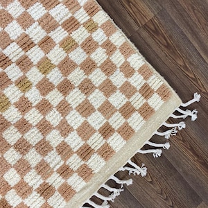 Narrow Moroccan checkered runner rug cream and white
