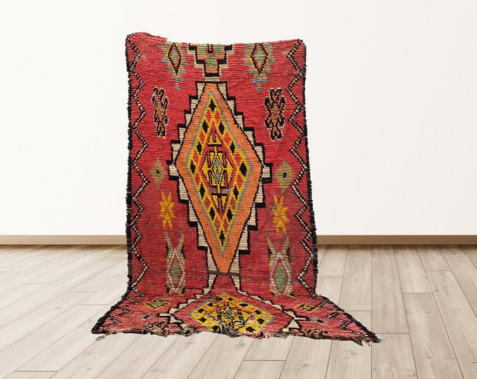 4x9 ft tribal Vintage Moroccan Rug area, Wool shag rugs for living room.