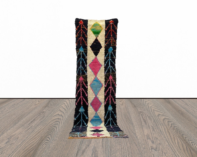 Boucherouite moroccan runner rug, 3x10 feet narrow rug runner, vintage runner rug.