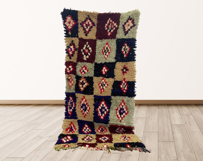 6x3 Ft Berber Colorful Vintage Moroccan rug, Azilal Vintage Moroccan Berber colorful Shag Rug.