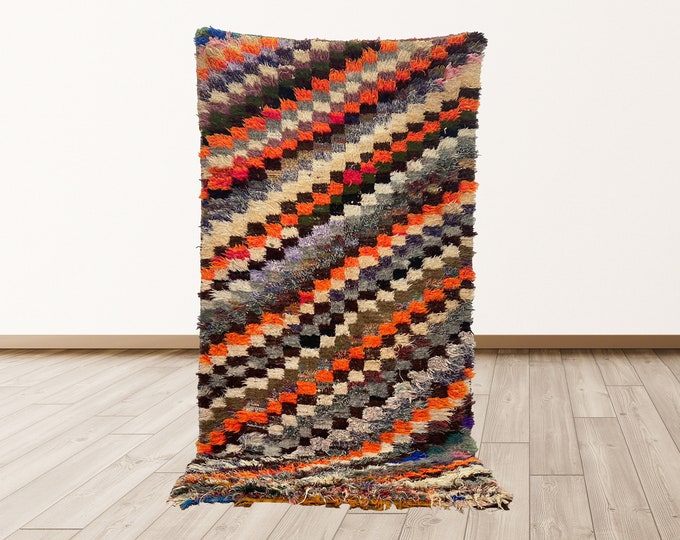Colorful Vintage Moroccan rug, 4x8 foot Vintage Moroccan Berber colorful Shag Rug.