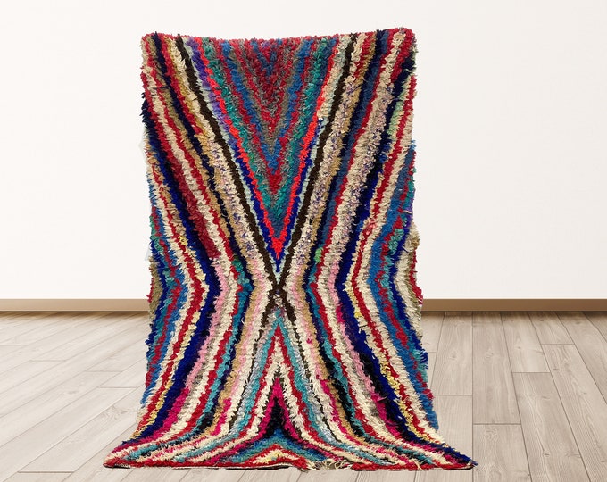 7x4 feet Berber Boucherouite Vintage Moroccan Tribal Azilal small shag Rug.