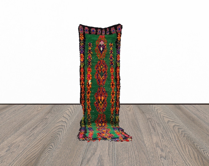Green vintage rug runner, 2x11 ft entryway moroccan runner rug, tribal runner rug, berber runner rug.