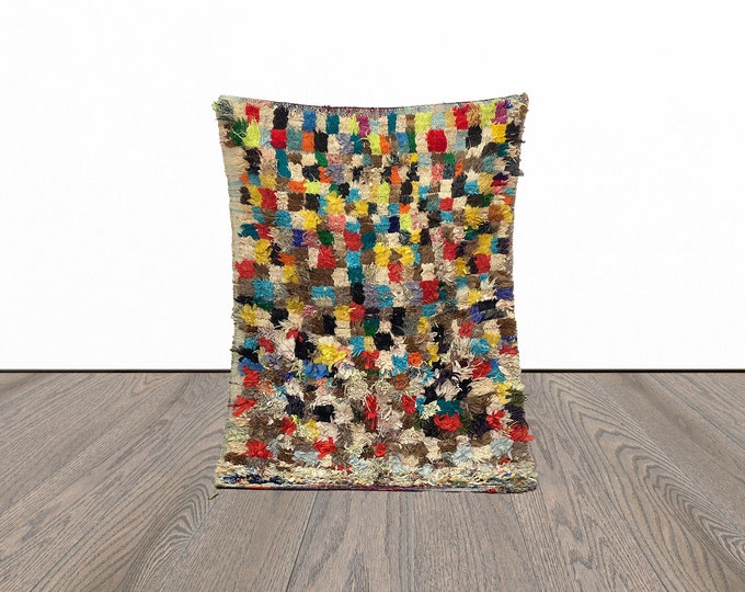 Colorful boucherouite rug, 4x5 feet vintage area rug, moroccan berber rug, bohemian woven rug.