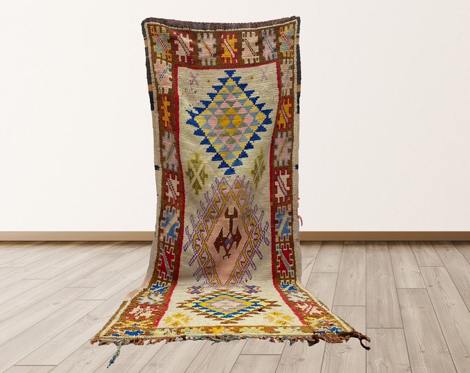 3x8 ft Vintage Moroccan Tribal Azilal Berber Rug.