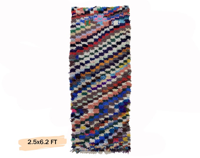 Colorful Moroccan Berber shag rug Runner, unique Boho Decor.