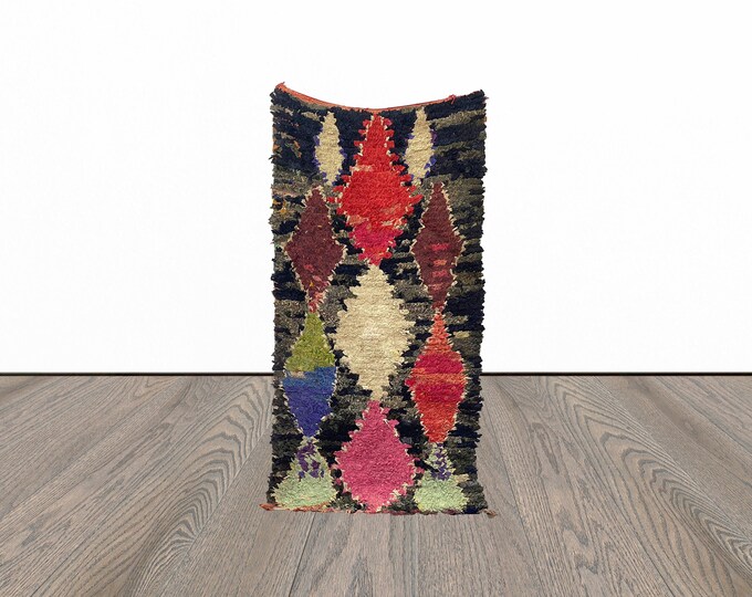 Boucherouite vintage rug, 3x6 feet moroccan area rug, azilal berber rug, tribal woven rug.