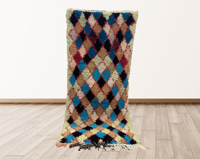 2x6 ft boucherouite runner rug, Moroccan vintage Berber boucherouite rug.