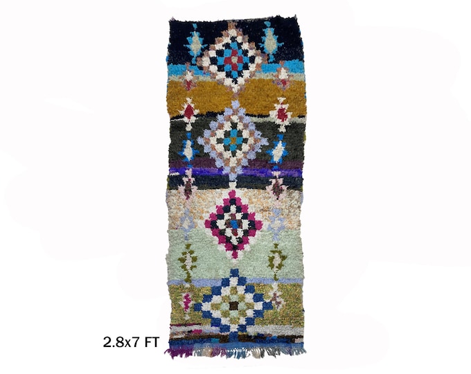 Boucherouite Moroccan Runner Rug 3x7 : Vintage Colorful Rug.