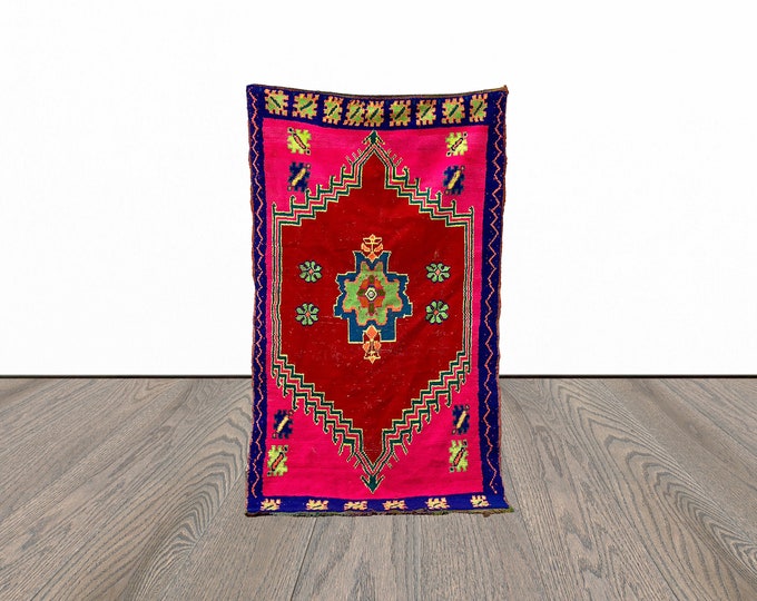moroccan pink area rug, 3x6 feet vintage berber rug, azilal woven rug, handwoven area rug.