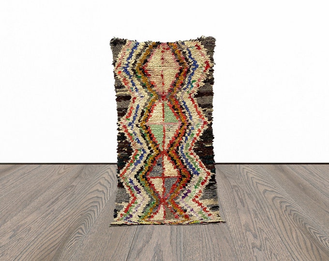 Moroccan boucherouite rug, 3x7 feet vintage area rug, boujaad woven rug, tribal berber rug.