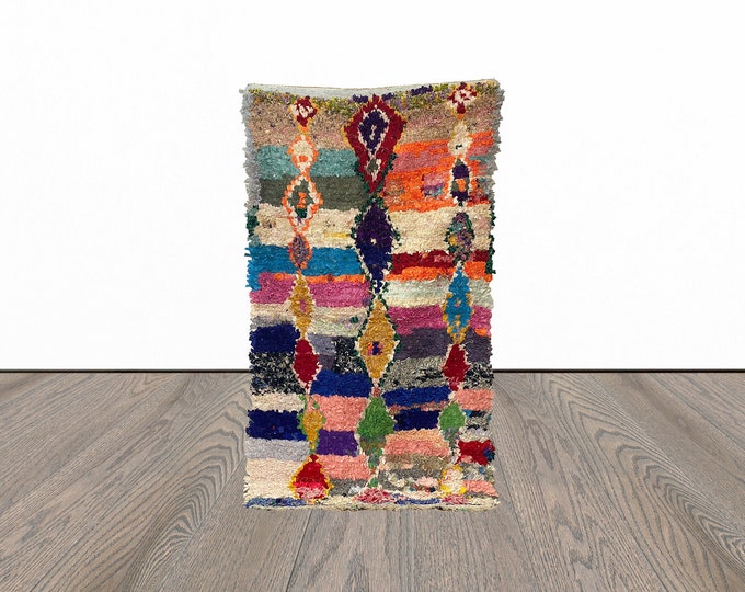 Colorful boucherouite rug, 4x8 feet vintage area rug, unique berber rug, azilal woven rug.