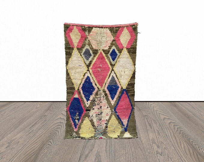 Boucherouite area rug, 3x6 feet vintage moroccan rug, tribal berber rug, azilal woven rug.