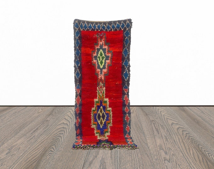 entryway red runner rug, 3x9 feet moroccan tribal runner rug, vintage runner rug.