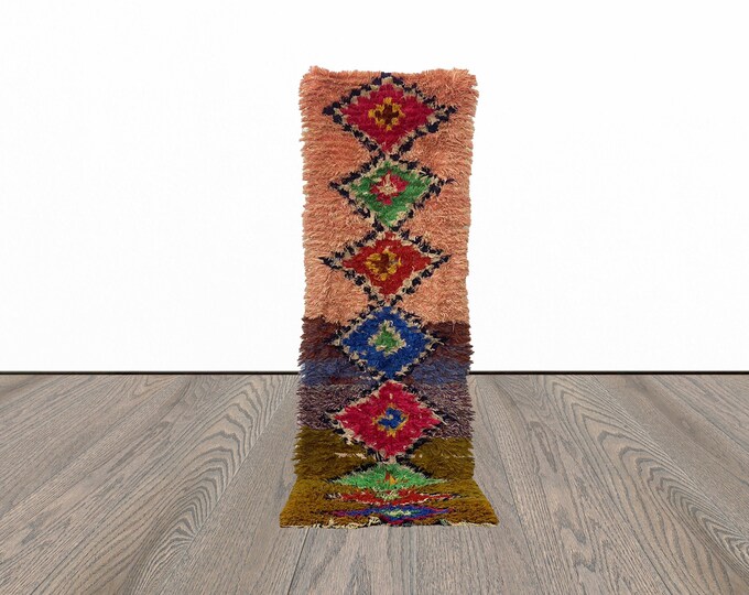 2x9 Feet boucherouite rug runner, vintage rug runner, narrow runner rug, azilal rug runner.