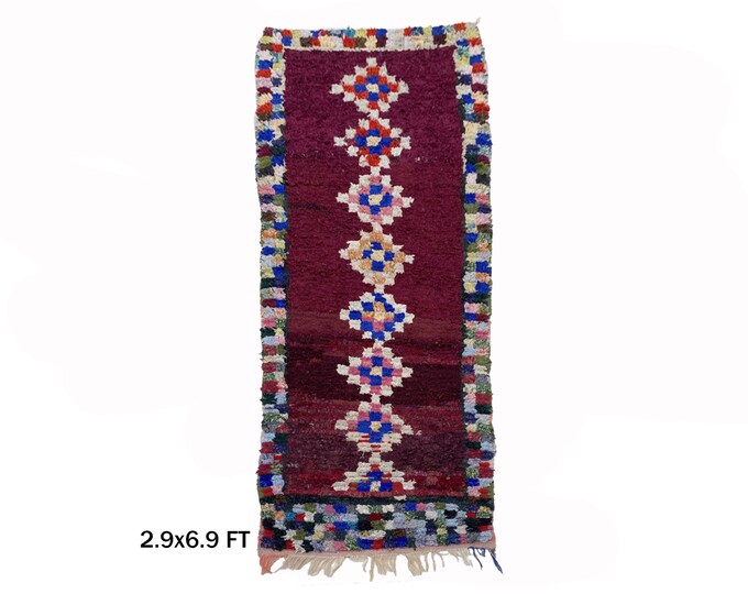 Moroccan Vintage Runner Rug 3x6: Boucherouite Boho Decor.