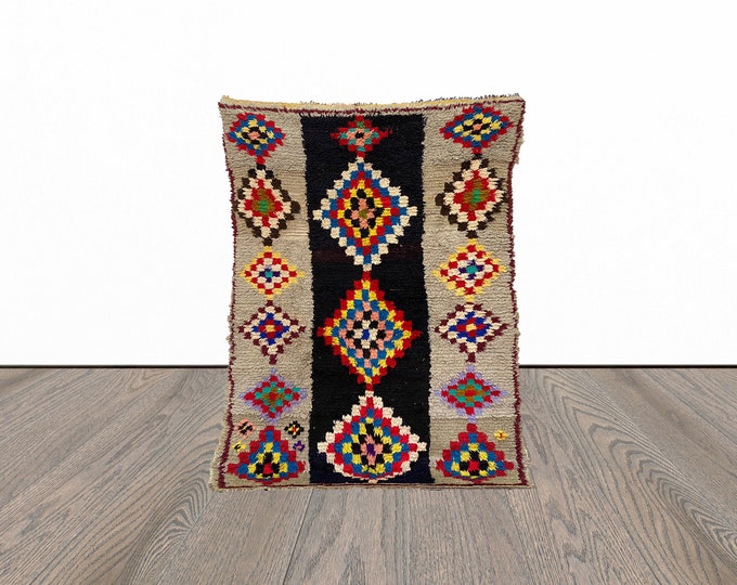 4x7 Feet vintage moroccan area rug, tribal woven rug, berber small rug, azilal unique rug.