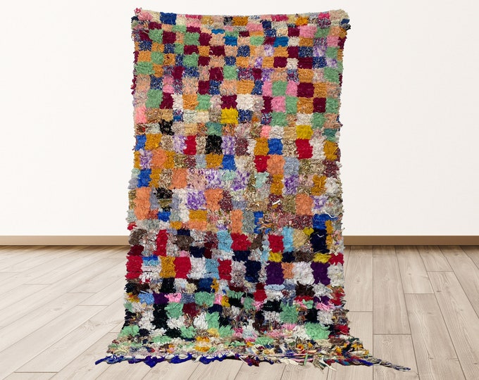 Boucherouite colorful 4x7 feet Rugs tribal Morocco Azilal, Morrocan Berber Vintage Rug.